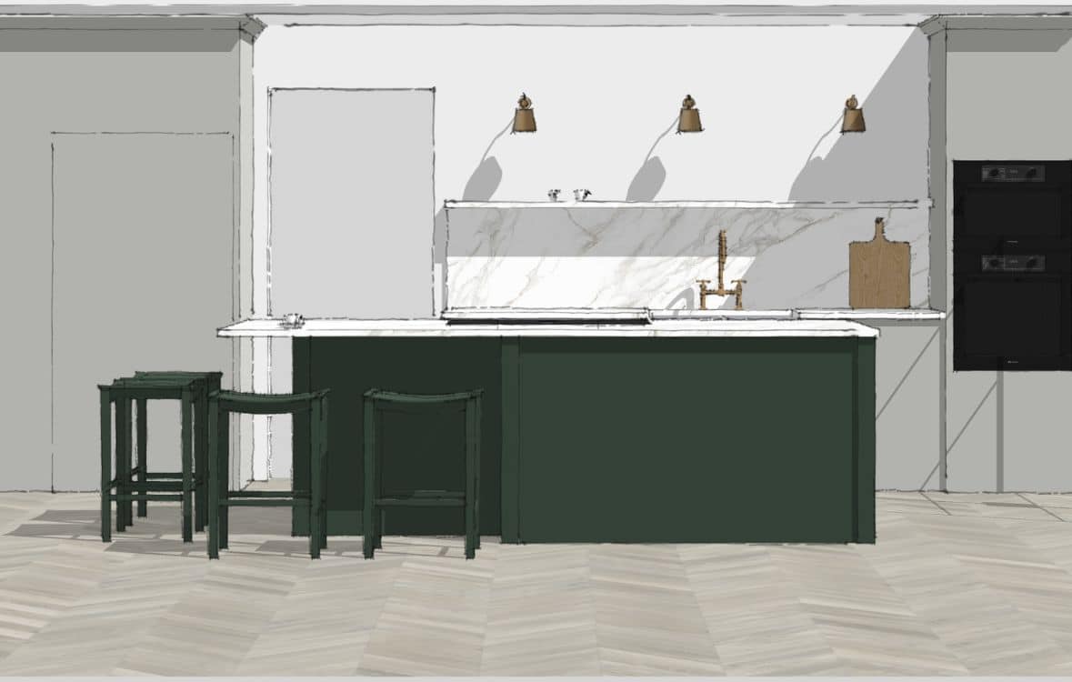 Minimalist kitchen design with green cabinets, marble counter, bar stools, and wall lamps.