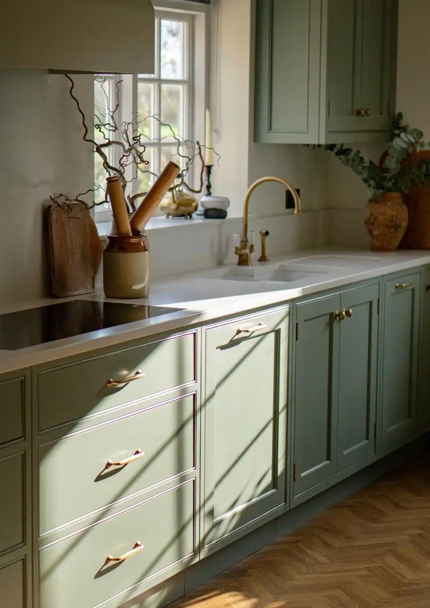 Bright kitchen with wooden floors, white cabinets, and a window above the sink.