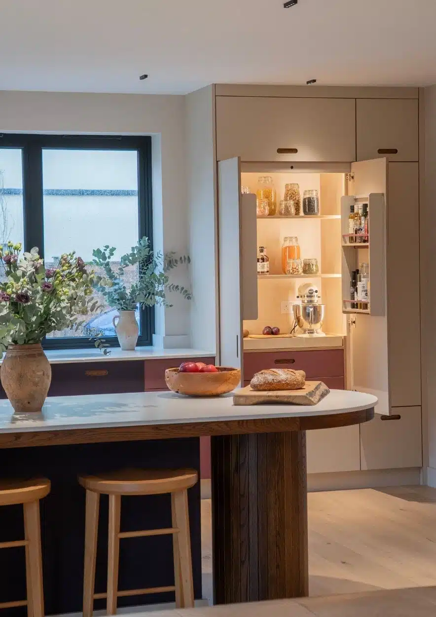 Open kitchen pantry with wooden shelves and various food items.