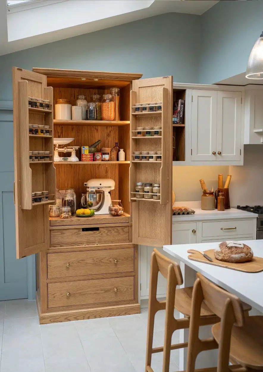 Gray kitchen cabinet with brass handles, a wooden chair, and a framed photo on the wall.